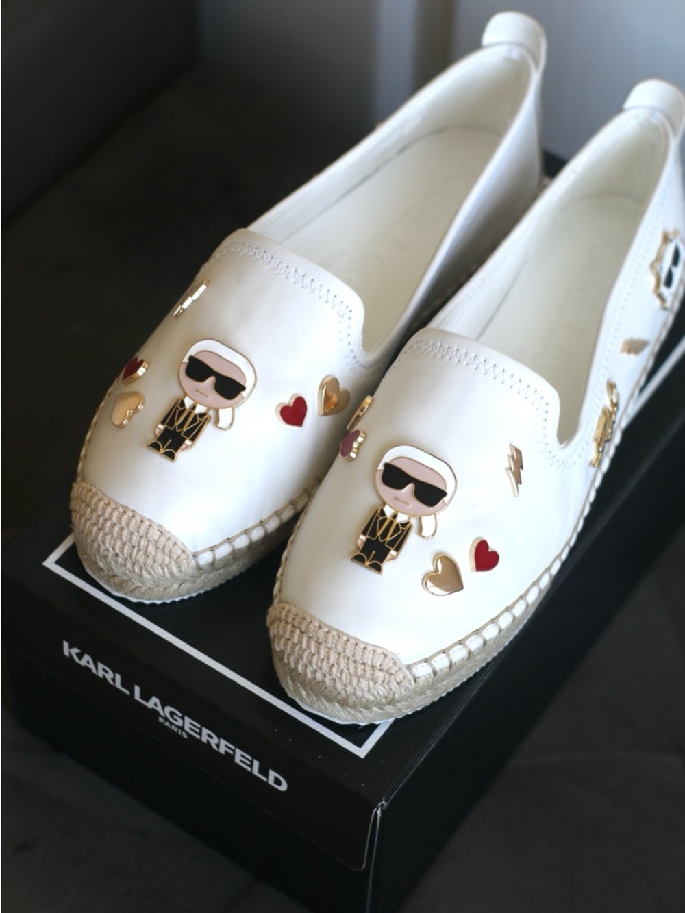 Karl Lagerfeld Michaela Embellished Slip-On Espadrille Flats Gold and Red Charms